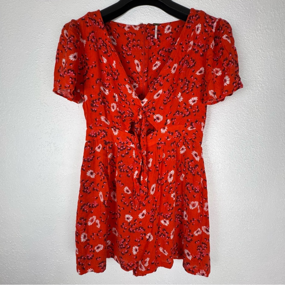 Free People Romper Skort Womens 4 Red Tie Front Short Sleeve Blouse